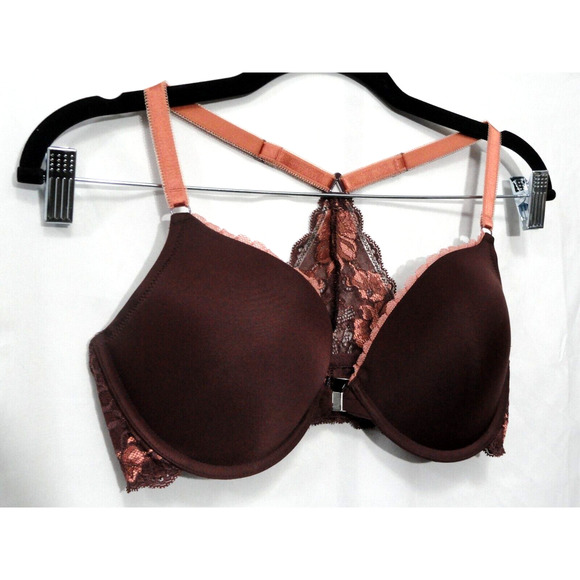 Adore Me Bra Lace Racer Back Plunge Front Close Pushup Brown Women's Size 34DD - Picture 2 of 11